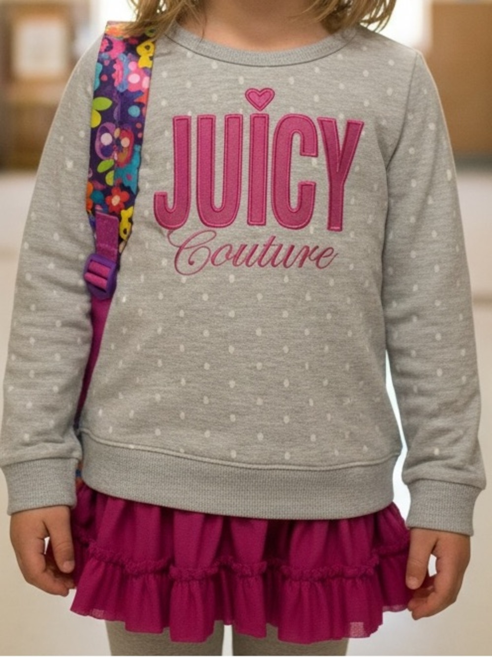 Juicy Couture Gray Polka Dot Sweatshirt with Hot Pink Ruffle Hem